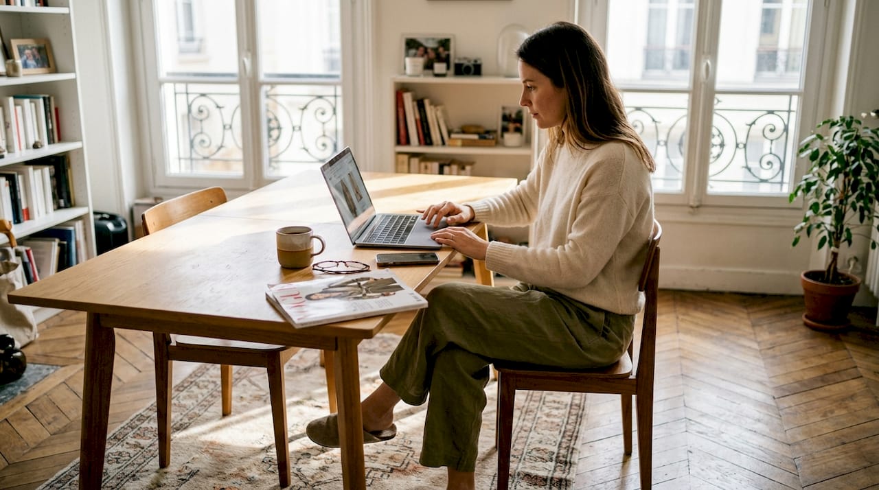 Une femme confortablement installée chez elle explore les dernières tendances de la mode de luxe en ligne.