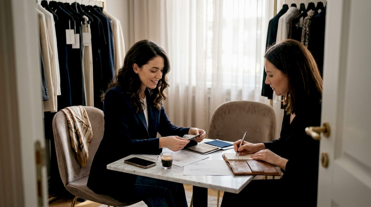 Fashion client consulting with stylist in fitting room
