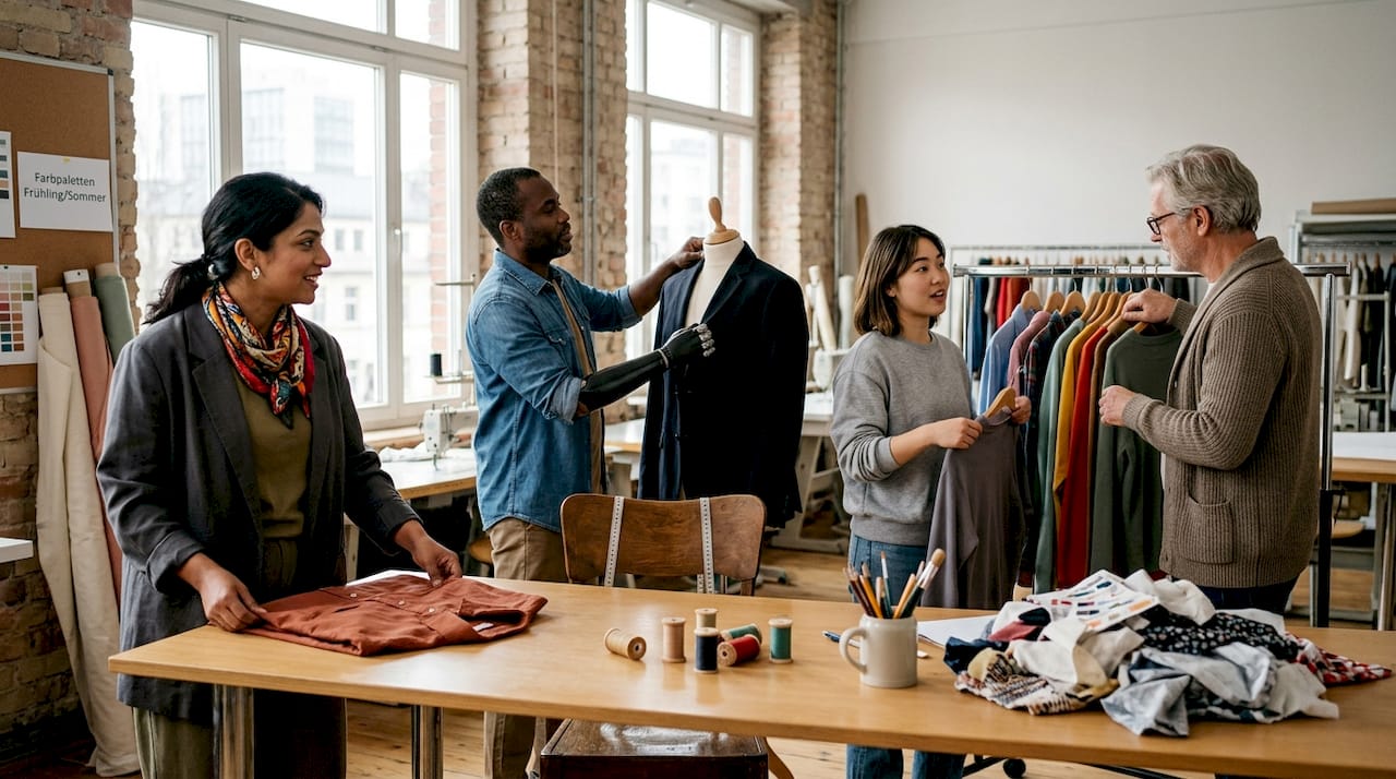 In einem inklusiven Modeatelier arbeitet ein vielfältiges Team Seite an Seite und bringt unterschiedliche Perspektiven zusammen.