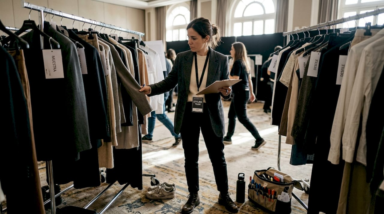 Estilista coordinando los looks de moda de lujo entre bastidores