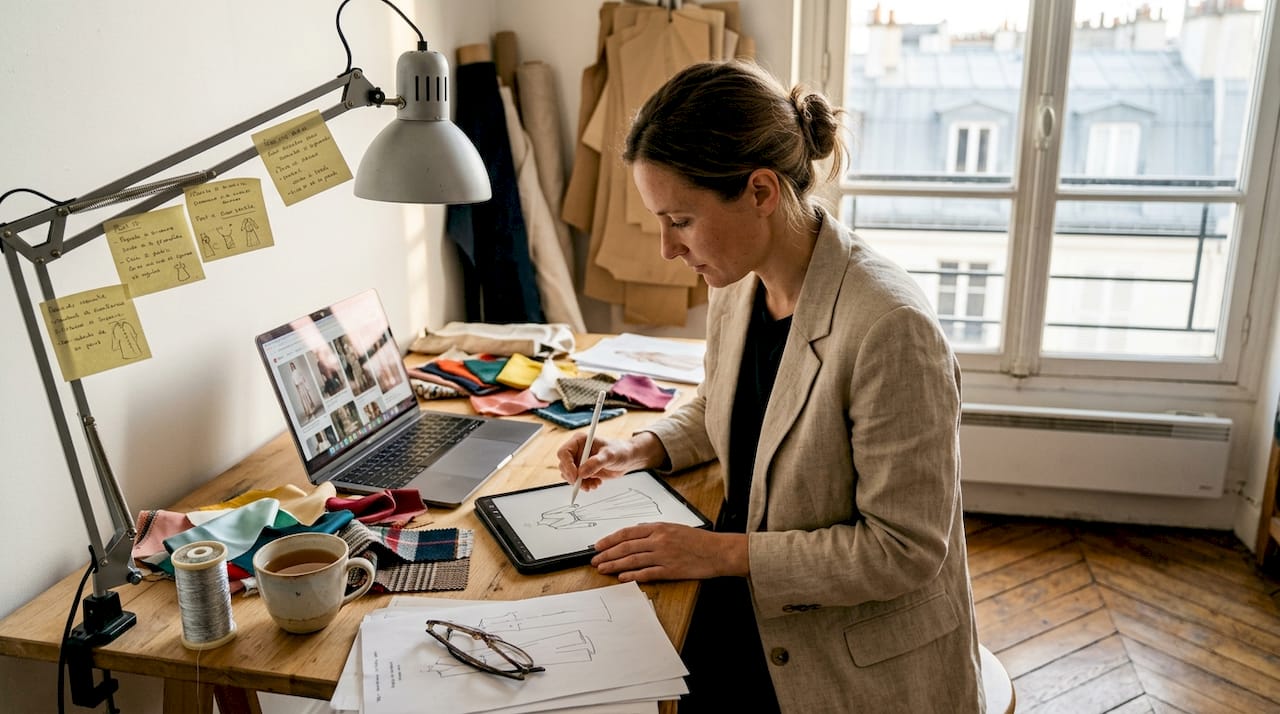 Styliste en pleine création de croquis générés par intelligence artificielle, installée à son bureau.