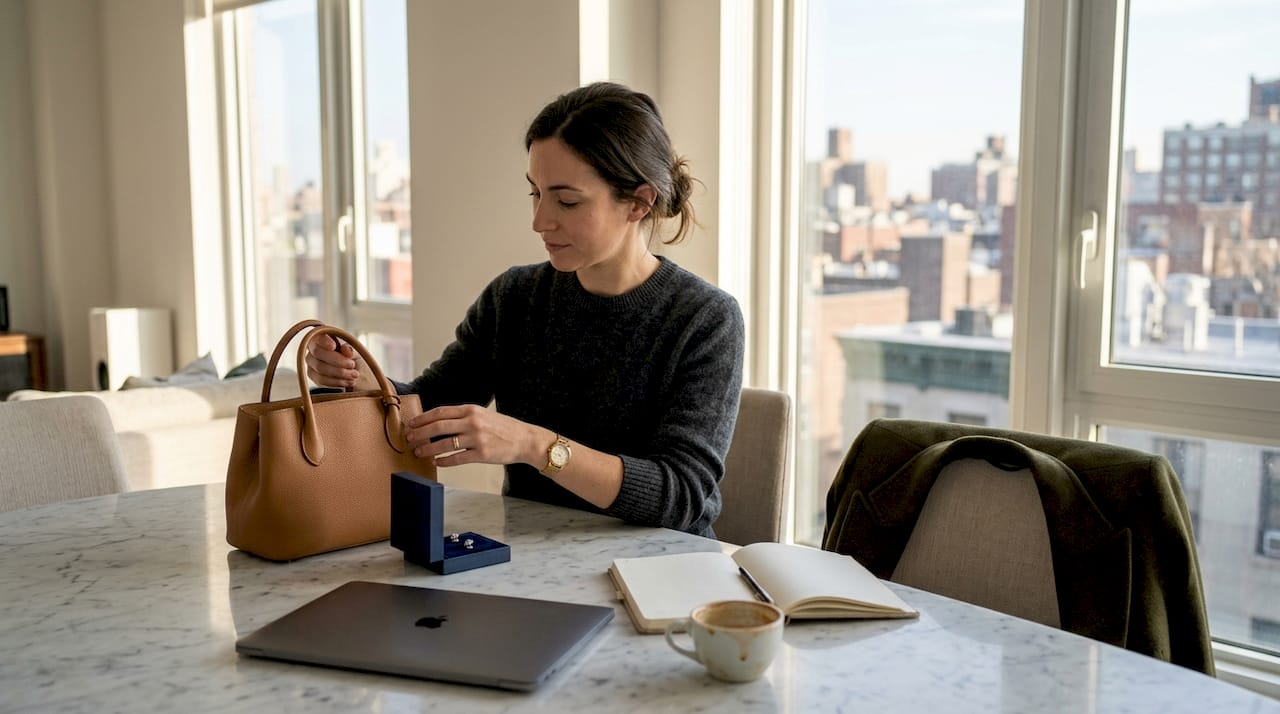 Woman sorting luxury handbags, watch, jewelry