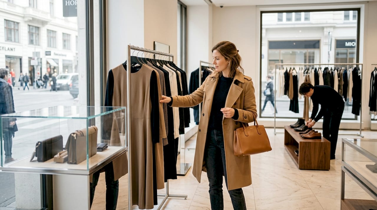 Eine Frau schlendert durch eine exklusive Designer-Boutique und lässt sich von den neuesten Kollektionen inspirieren.