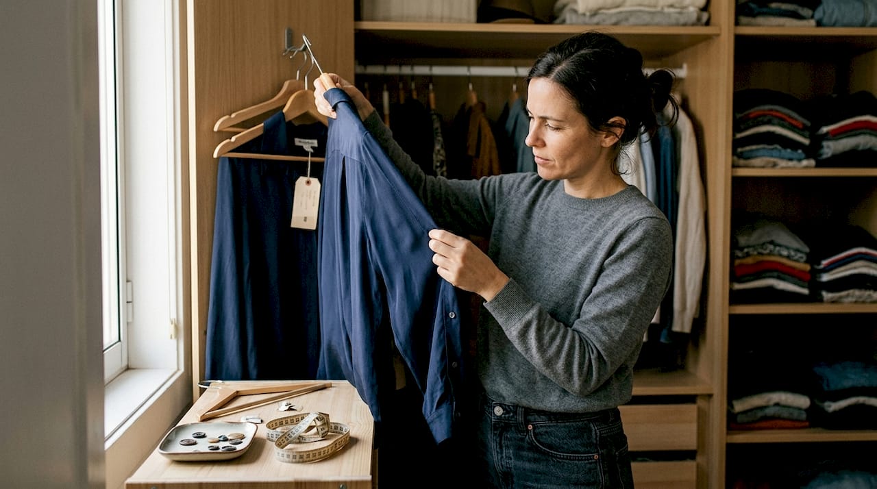 Uma mulher aprecia peças de roupa de alta qualidade no conforto do seu lar.