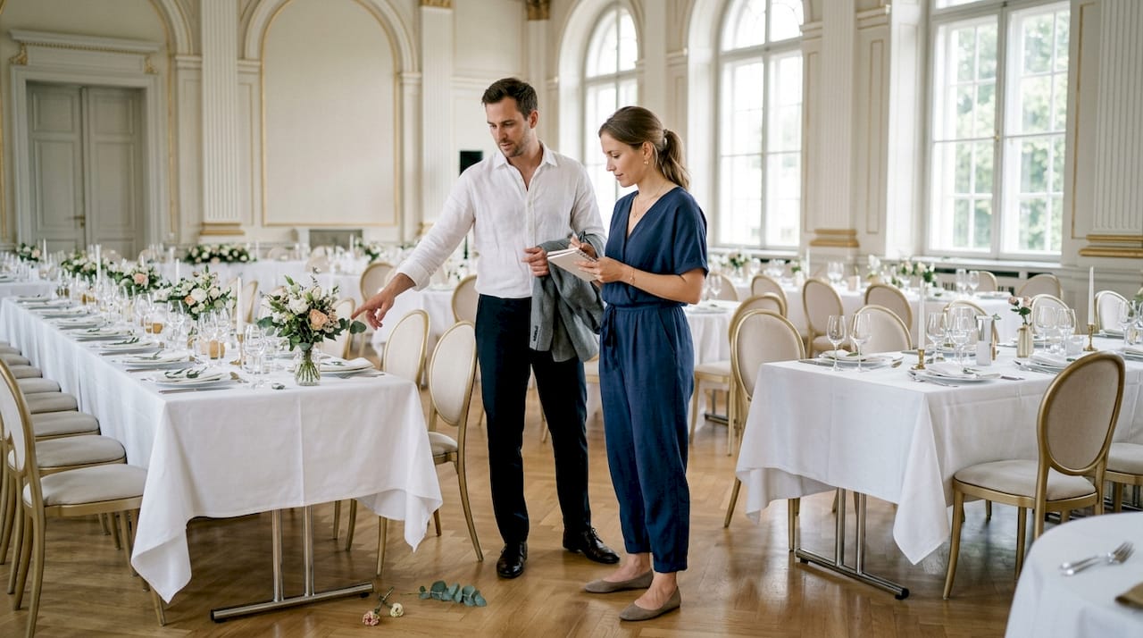 Una pareja revisando los últimos detalles de su boda en un salón elegante
