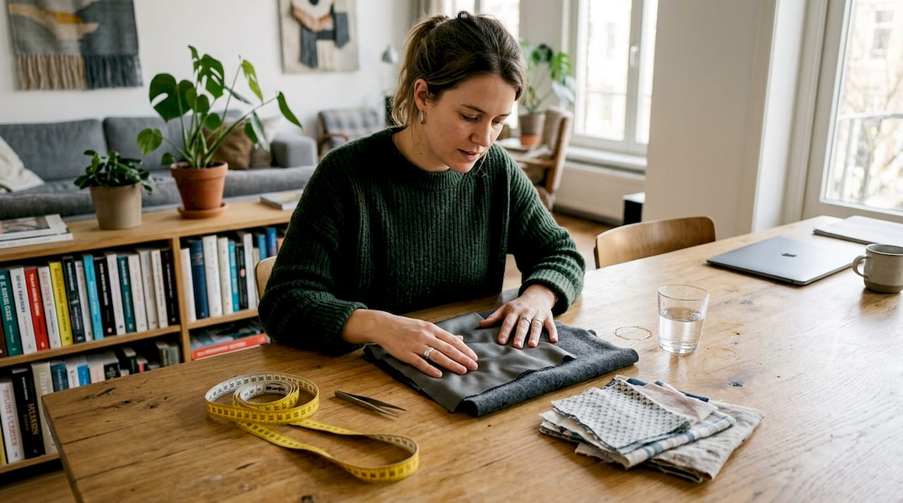 Een modeontwerper laat zijn handen glijden over weelderige stoffen die op de werktafel liggen uitgespreid.
