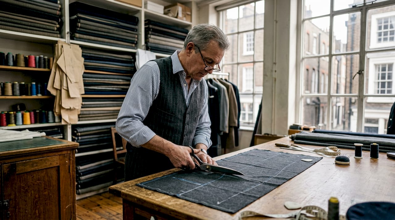 Tailor hand-cutting fabric in workshop
