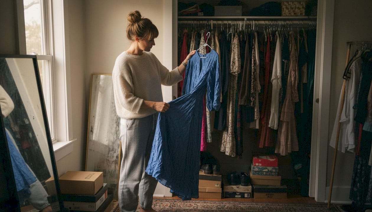 Mujer probándose vestidos exclusivos en el probador