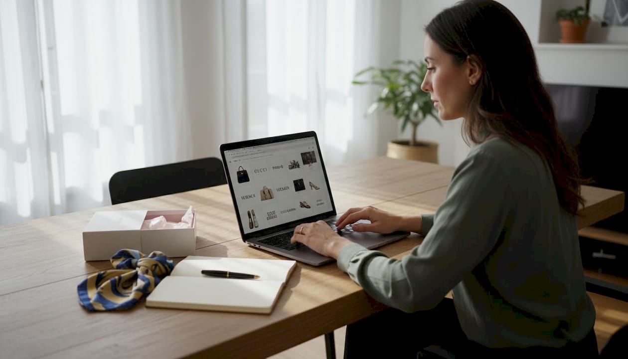 Una donna si concede un po’ di shopping online, scegliendo capi di alta moda comodamente dal suo salotto.