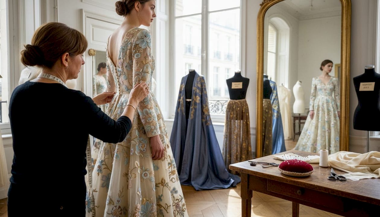 Een coupeuse past een exclusieve couturejurk aan bij een model.
