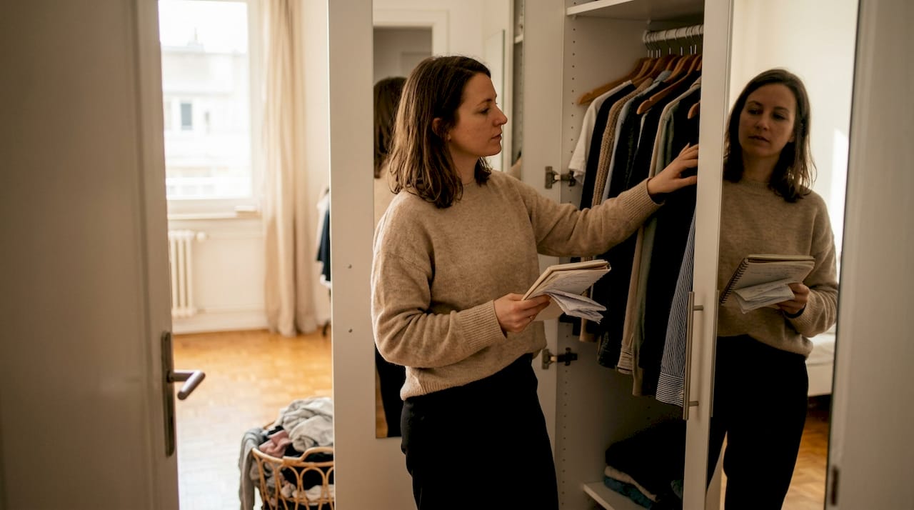 Une femme hésite devant son dressing, indécise sur la tenue à choisir.