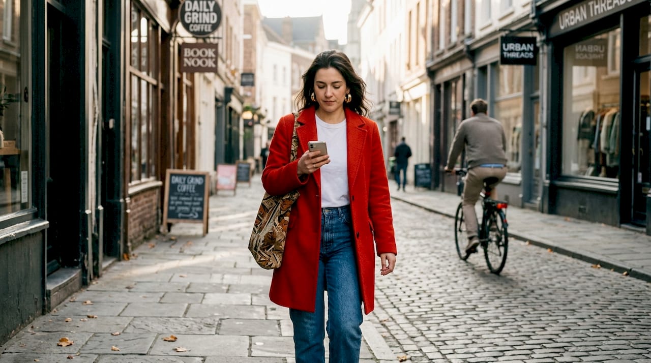 Woman wearing bold fashion on city sidewalk