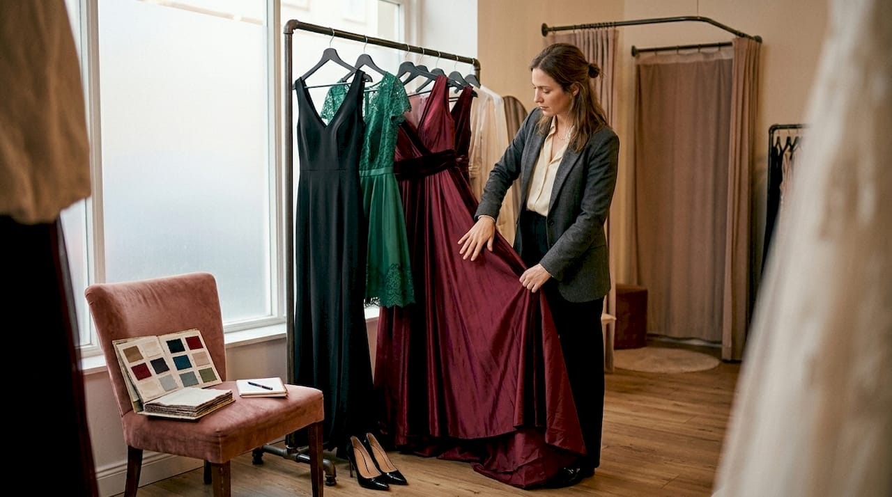 Modeberaterin präsentiert drei exklusive Designerkleider in einer eleganten Boutique.