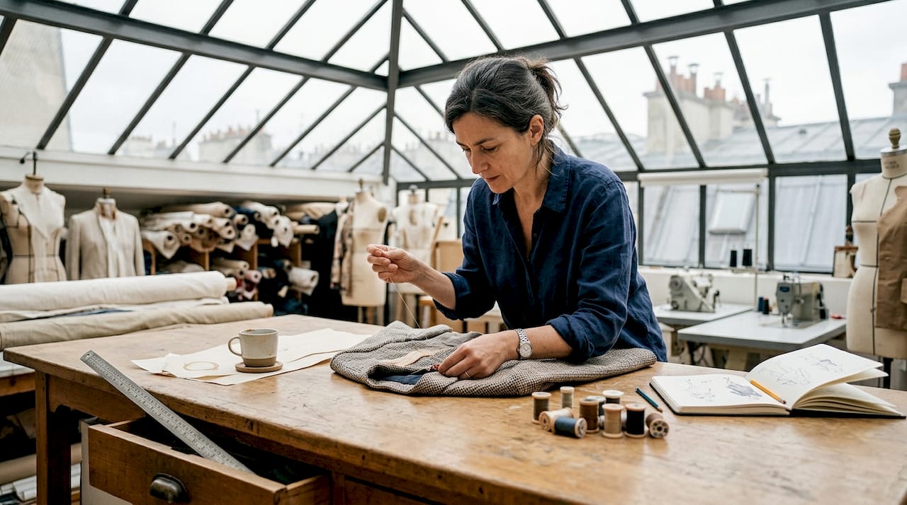 Dans son atelier, une créatrice de haute couture façonne des étoffes précieuses avec passion et savoir-faire.