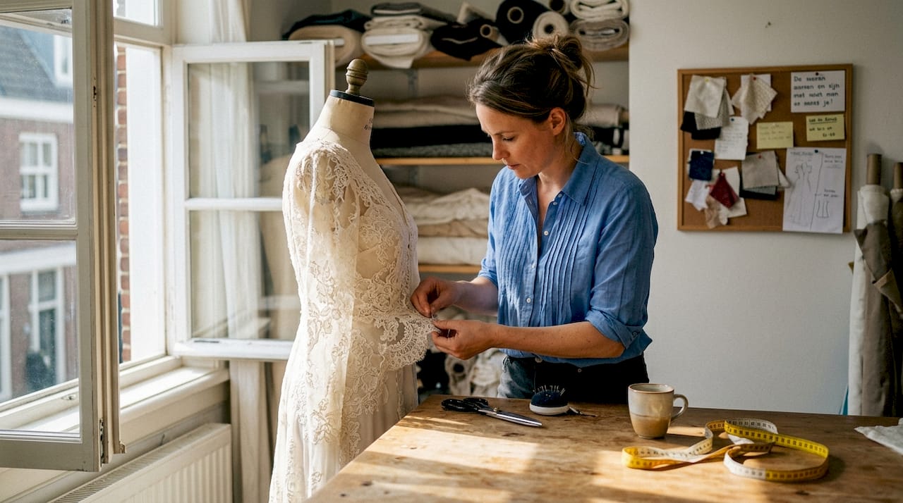 In het atelier werkt de ontwerper zorgvuldig aan de trouwjurk en bevestigt met precisie de laatste details.