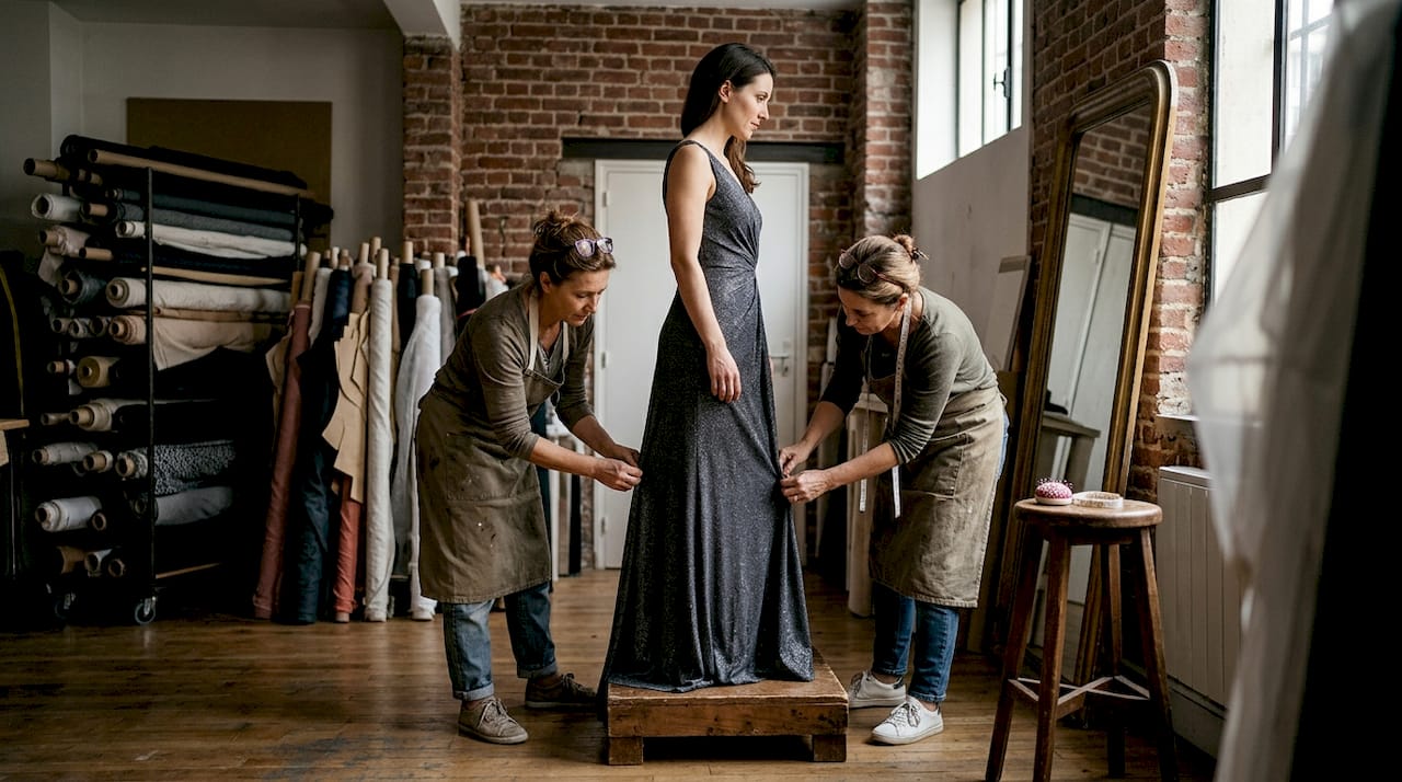 Un créateur de mode en train de retoucher l’ourlet d’une robe de soirée exclusive.