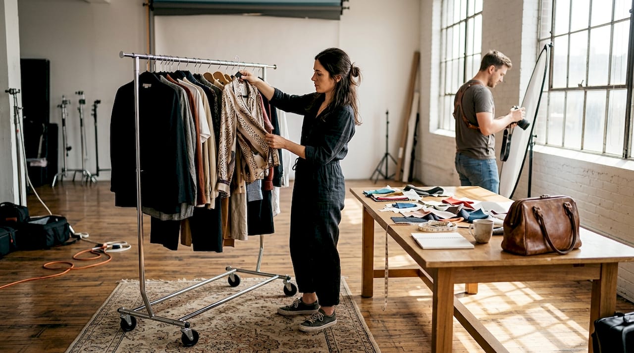 Stilistul pune la punct detaliile unui shooting de modă exclusivist.
