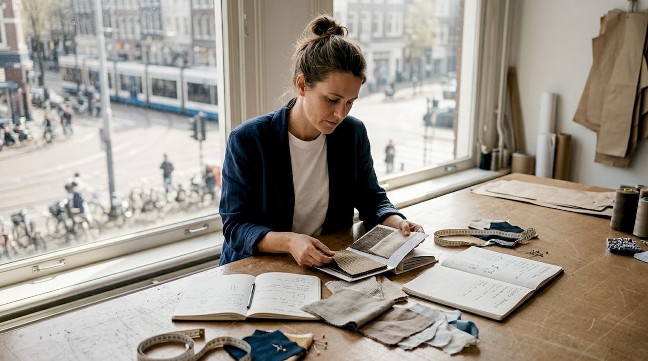 In een druk atelier bekijkt een modeontwerper aandachtig een lap stof.