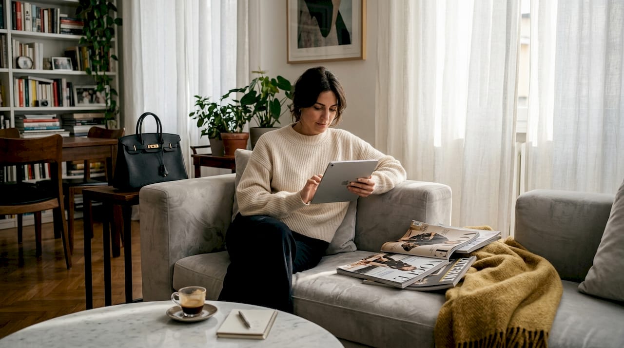 Donna che acquista capi d’alta moda online comodamente da casa