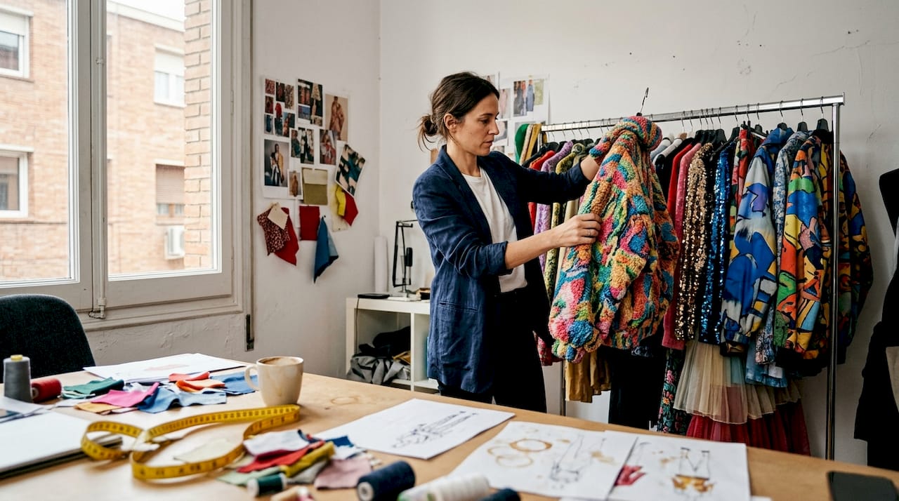 Experta en moda analizando las últimas tendencias de alta costura