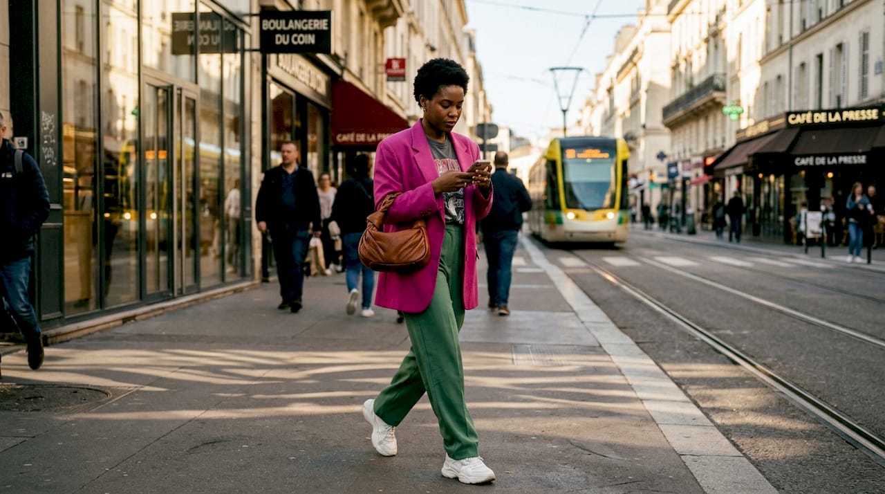 Une femme au style audacieux déambule dans les rues de la ville, attirant tous les regards.