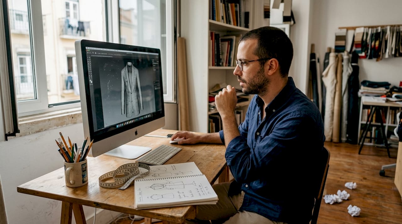 Designer de moda a analisar um modelo digital em 3D