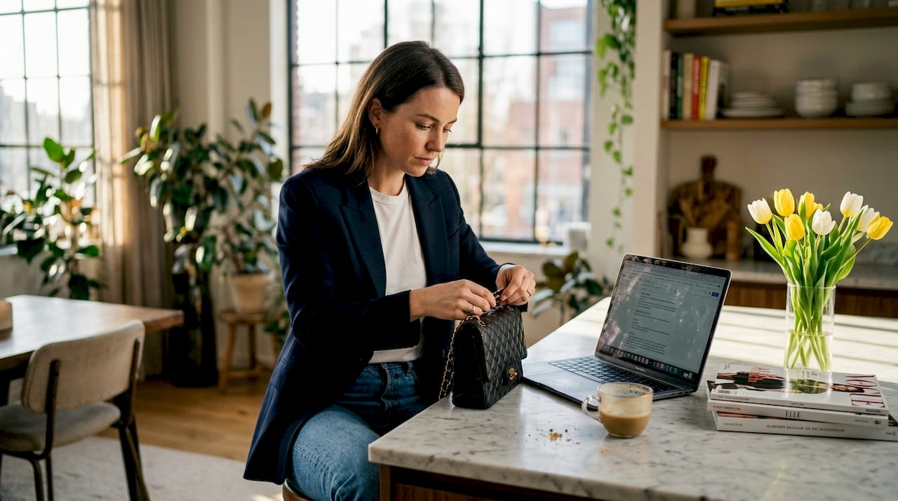 Een vrouw bekijkt aandachtig haar designertas aan de keukentafel.