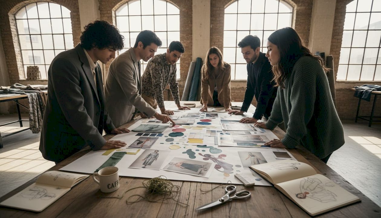 Il team creativo della moda lavora insieme in atelier per sviluppare nuove collezioni.