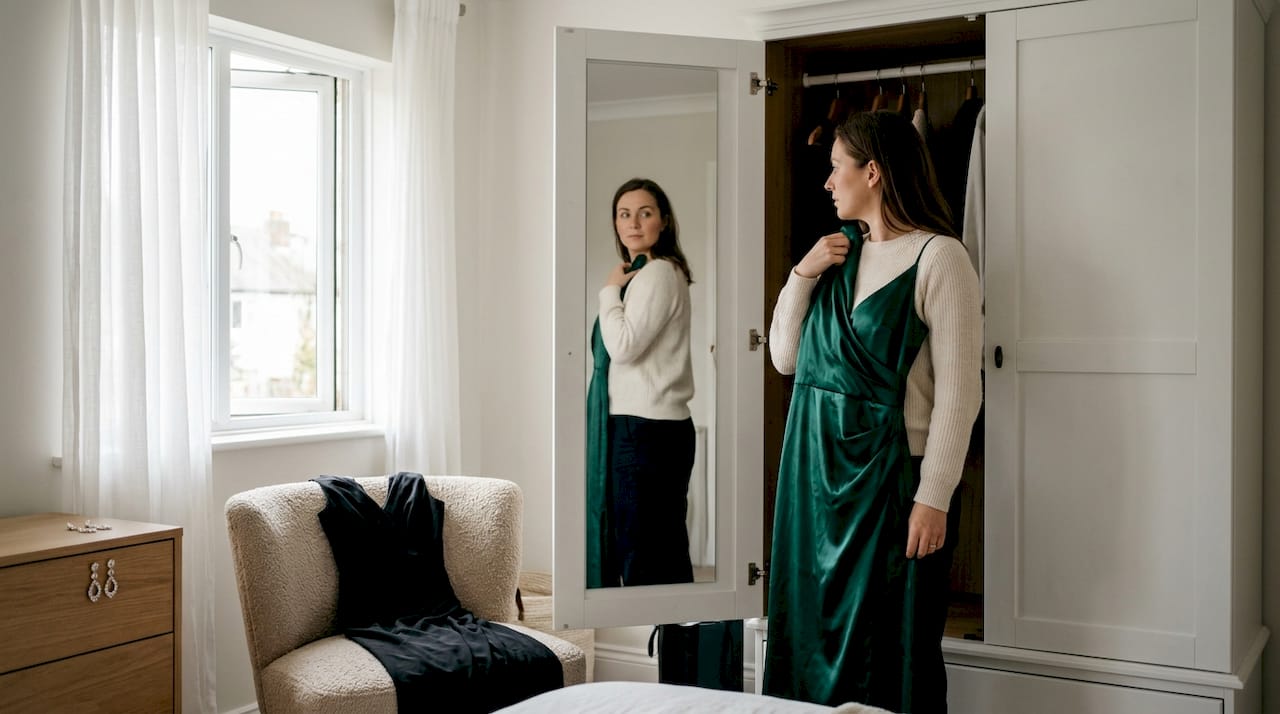 Eine Frau steht im Schlafzimmer und bewundert ihr elegantes Abendkleid.