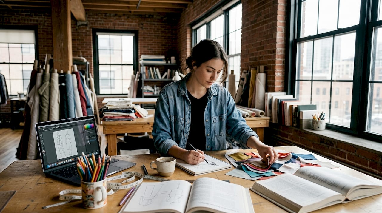 Designer sketching at drafting table with fabrics