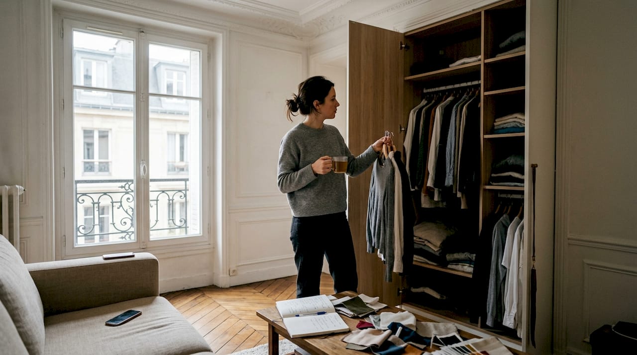 Chez elle, une femme passe en revue sa garde-robe moderne avec attention.