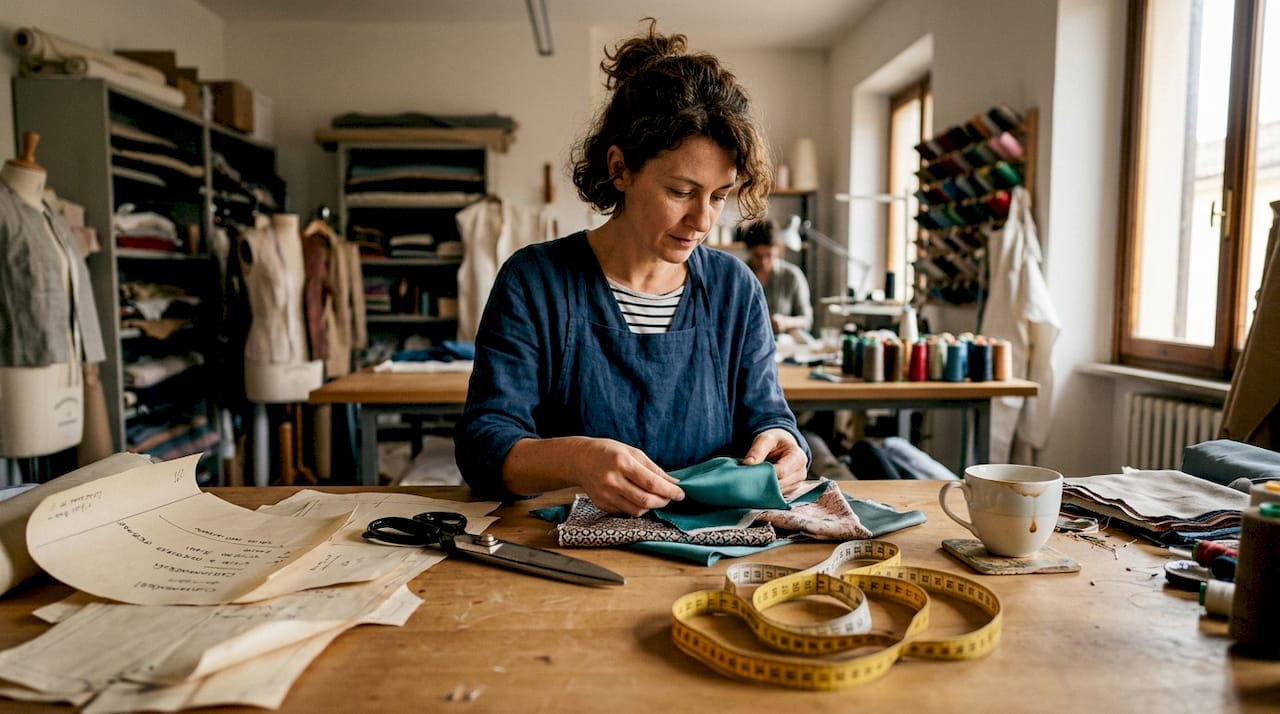 Una sarta impegnata nella creazione di abiti all’interno di un atelier, tra tessuti e dettagli sartoriali.