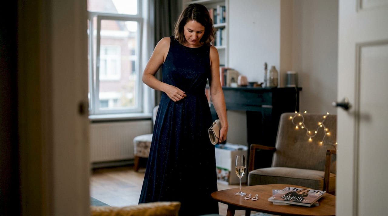 Vrouw in galajurk maakt zich op voor een avond vol gezelligheid