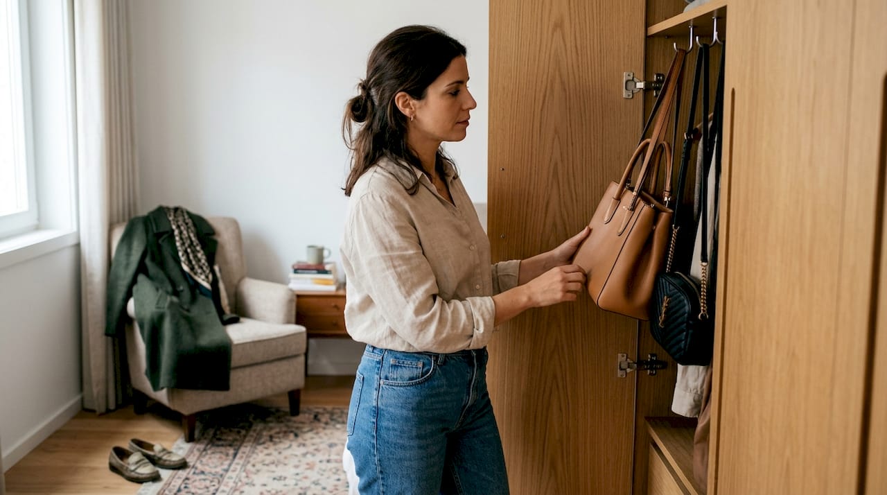 Mulher analisa malas de marca no quarto