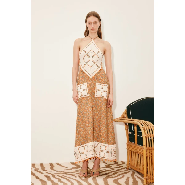 Alemais Marva Crochet Halter Midi Dress  Sustainable Dresses with Alemais print - Coveti Australian Designer