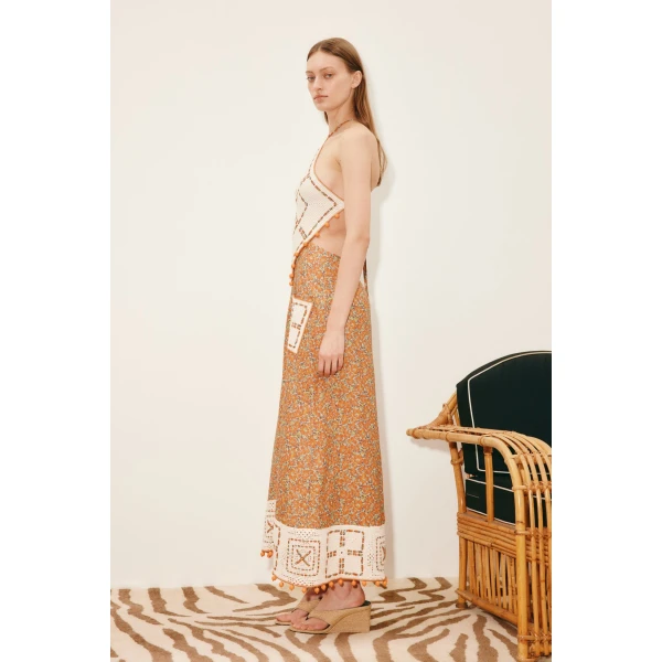 Alemais Marva Crochet Halter Midi Dress  Sustainable Dresses with Alemais print - Coveti Australian Designer