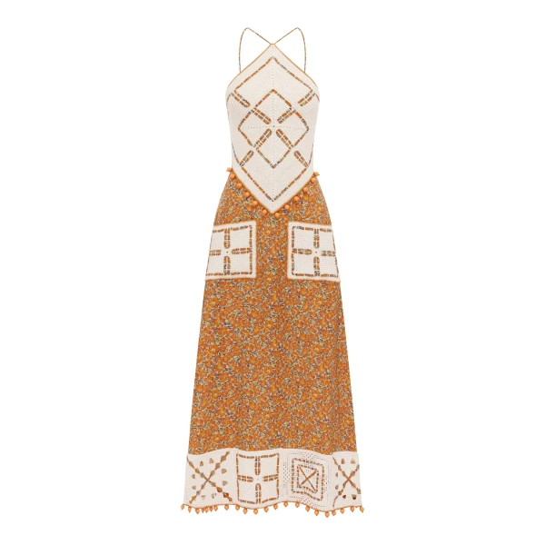 Alemais Marva Crochet Halter Midi Dress  Sustainable Dresses with Alemais print - Coveti Australian Designer