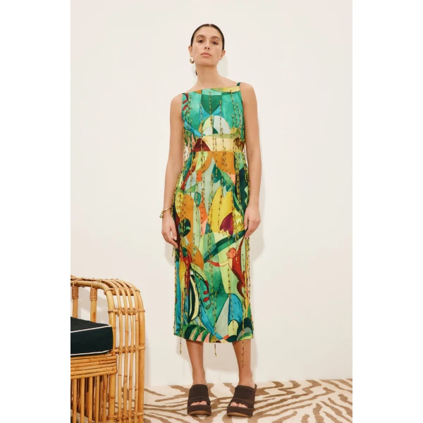 Alemais Mokshini Beaded Fringe Midi Dress  Sustainable Dresses with Alemais print - Coveti Australian Designer