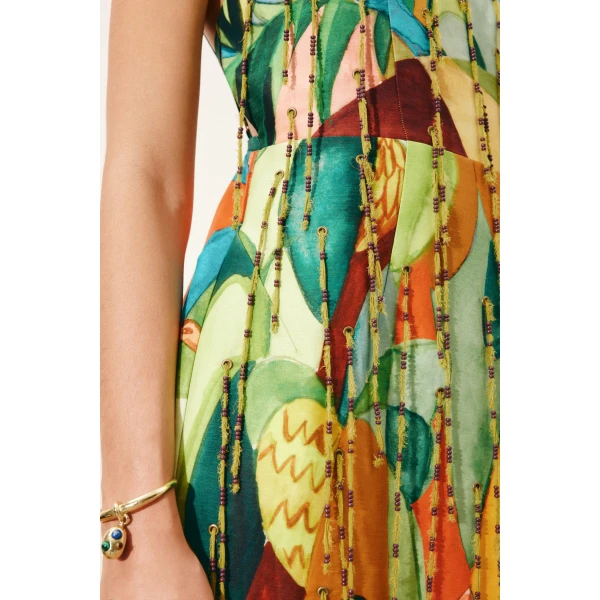 Alemais Mokshini Beaded Fringe Midi Dress  Sustainable Dresses with Alemais print - Coveti Australian Designer