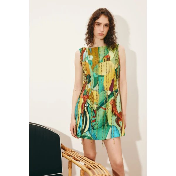 Alemais Mokshini Beaded Fringe Mini Dress  Sustainable Dresses with Alemais print - Coveti Australian Designer