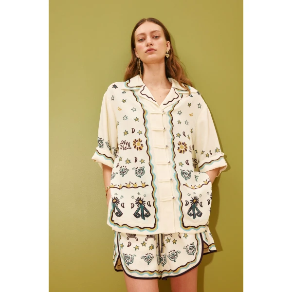 Alemais Sun Dancer Relaxed Shirt  Sustainable Tops with Alemais print - Coveti Australian Designer
