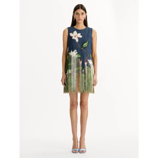 Oscar de la Renta Chiné Cyclamen Threadwork Fringe Shift Dress - Dresses - American Luxury Evening Wear at Coveti