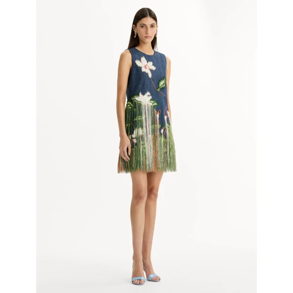 Oscar de la Renta Chiné Cyclamen Threadwork Fringe Shift Dress - Dresses - American Luxury Evening Wear at Coveti