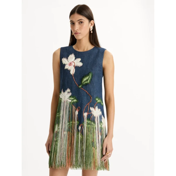 Oscar de la Renta Chiné Cyclamen Threadwork Fringe Shift Dress - Dresses - American Luxury Evening Wear at Coveti