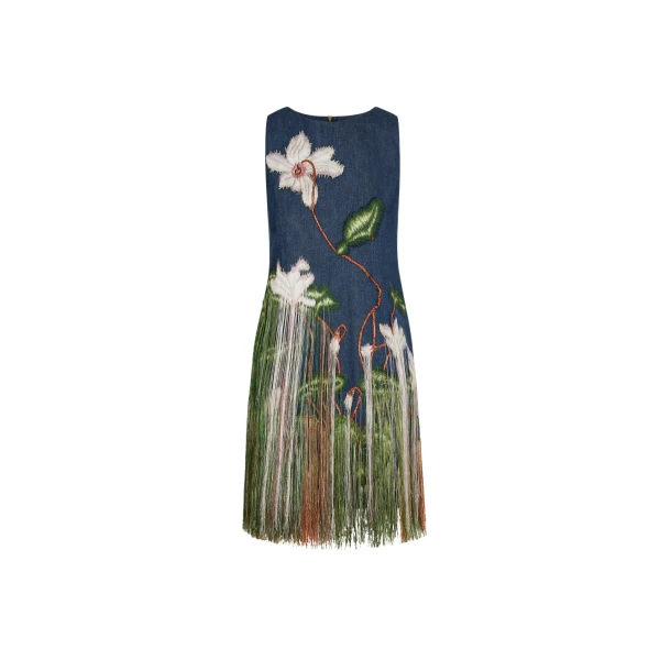 Oscar de la Renta Chiné Cyclamen Threadwork Fringe Shift Dress - Dresses - American Luxury Evening Wear at Coveti