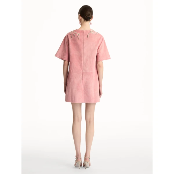 Oscar de la Renta Crystal Necklace Embroidered Suede Dress - Dresses - American Luxury Evening Wear at Coveti
