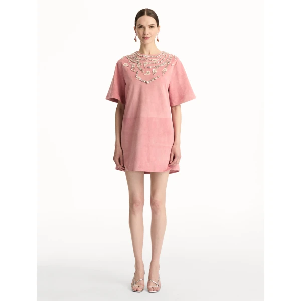 Oscar de la Renta Crystal Necklace Embroidered Suede Dress - Dresses - American Luxury Evening Wear at Coveti