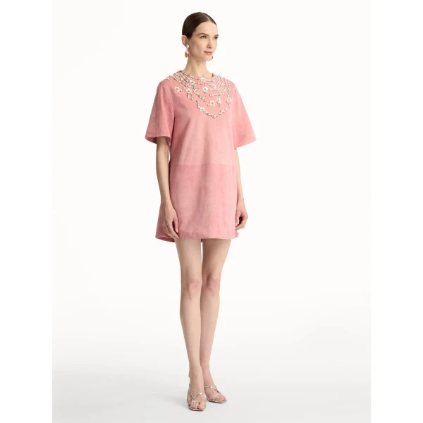 Oscar de la Renta Crystal Necklace Embroidered Suede Dress - Dresses - American Luxury Evening Wear at Coveti