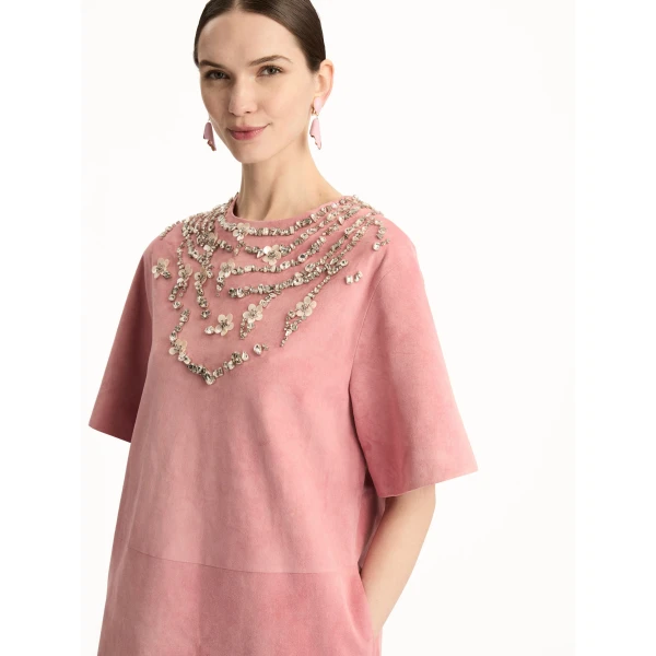 Oscar de la Renta Crystal Necklace Embroidered Suede Dress - Dresses - American Luxury Evening Wear at Coveti