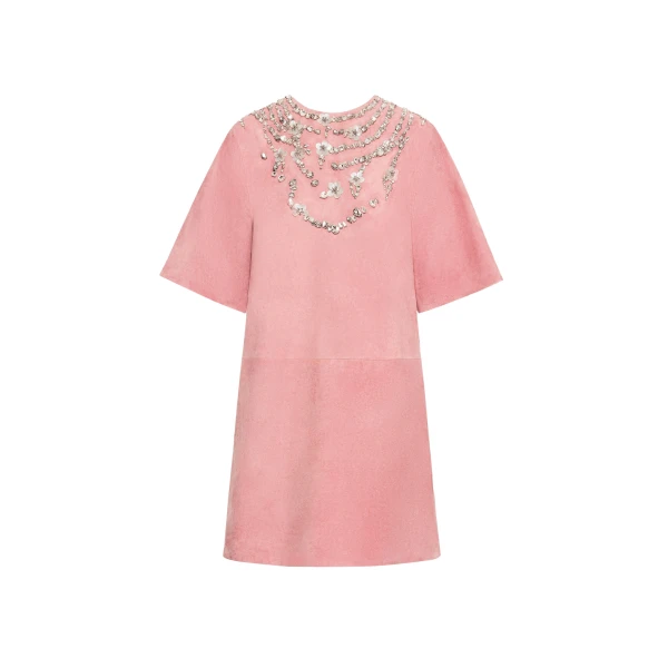 Oscar de la Renta Crystal Necklace Embroidered Suede Dress - Dresses - American Luxury Evening Wear at Coveti